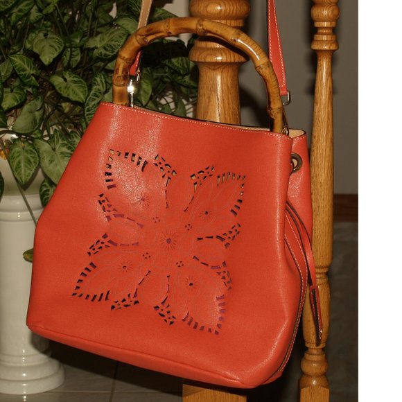 Orange Shoulder Strap Bag with Bamboo Handle - Made in Italy - Picture 4 of 11